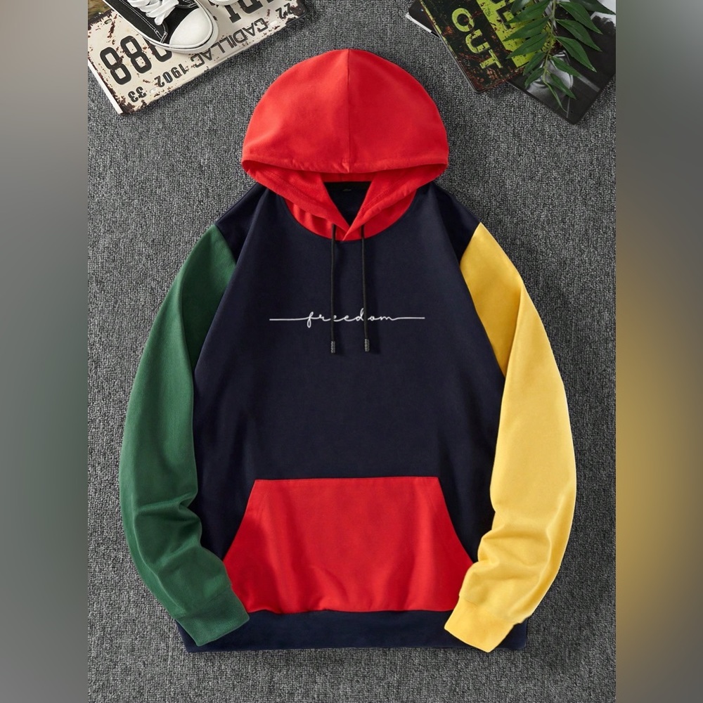 Men’s Color Block Letter Graphic Drawstring Kangaroo Pocket Hoodie🔥
